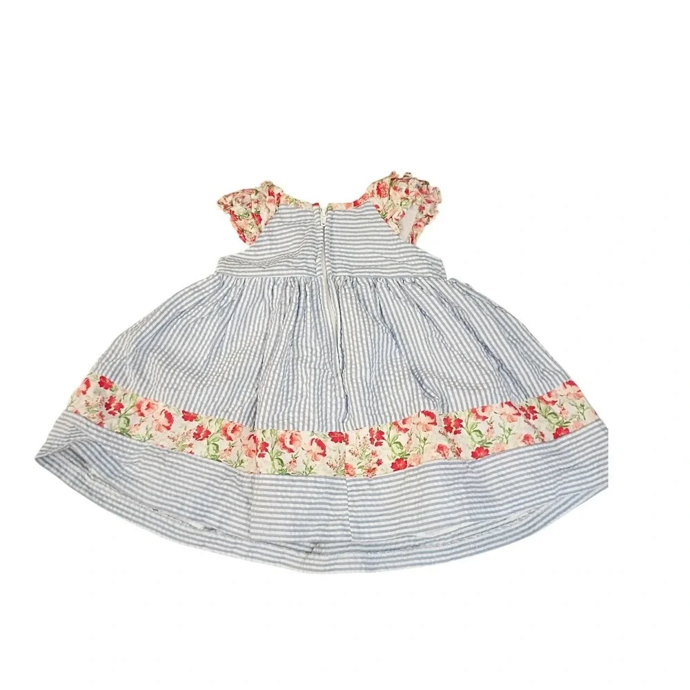 Bonnie Baby Girls Blue Seersucker Floral Striped‎ Bow Dress 3/6M R5-11001-PS
